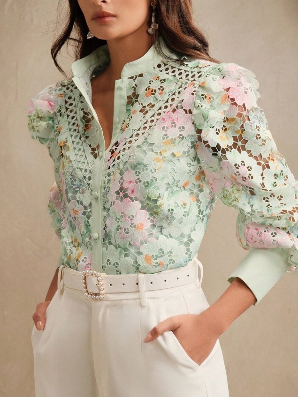 Green Elegant Women's Floral Lace Long Sleeve Ruffle Hem Blouse